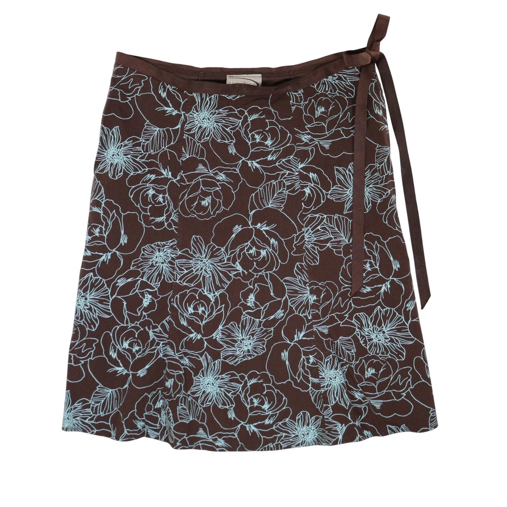 Vintage Y2K Rave Skirt Floral Ribbon Tie Waist Brown Blue Cotton USA Women M